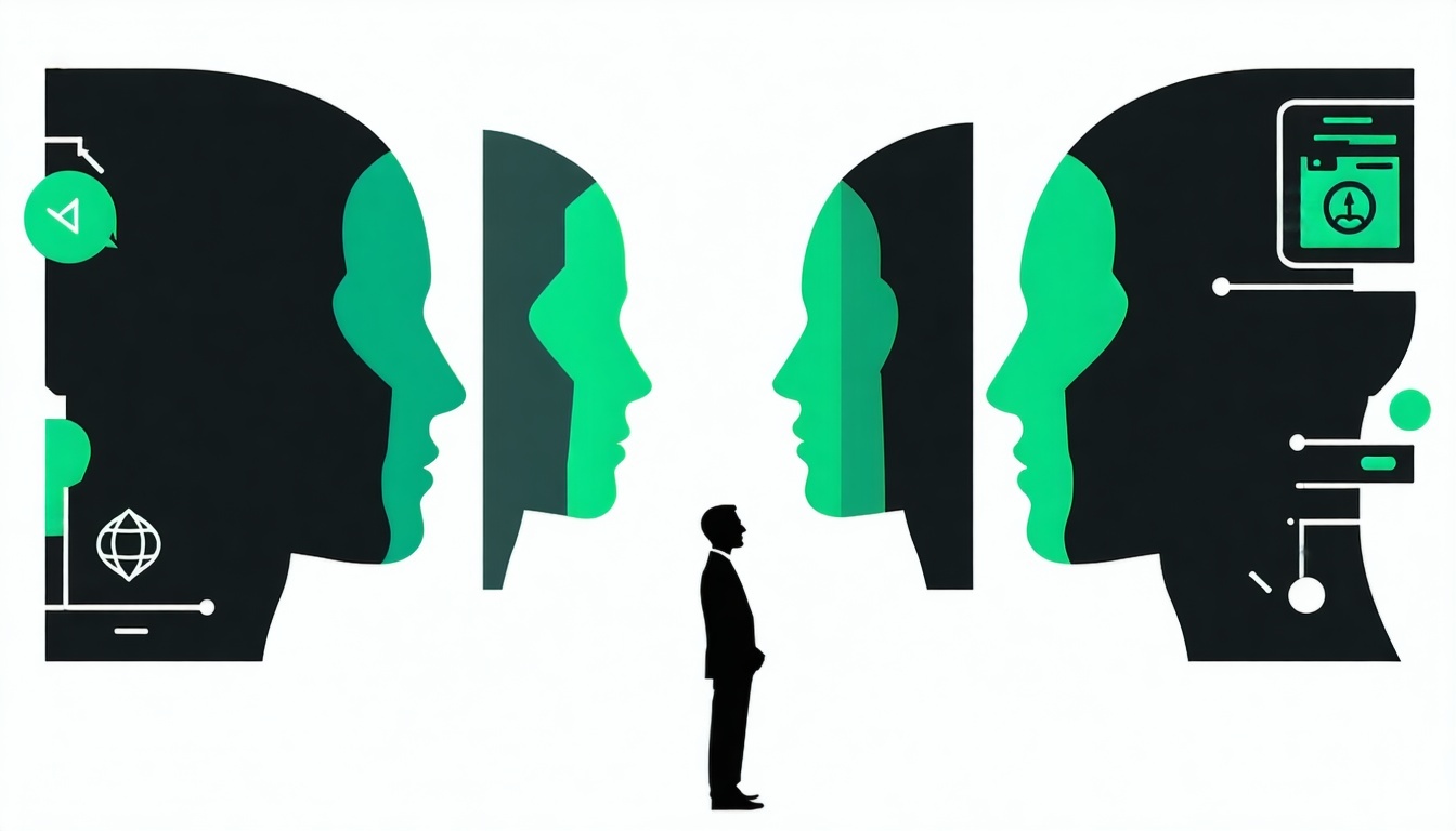 An illustration that visualizes someone deciding between 5 options related to AI technology It should be representative and evocative It should have a white background and use black green 2C8F39 and gray 33475b