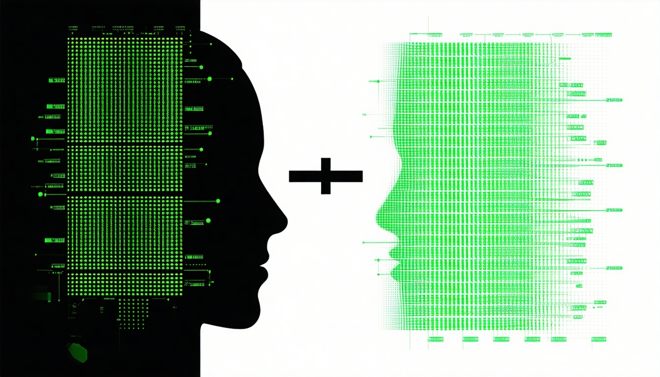 Create an evocative visualization that illustrates the tradeoff between building and buying AI technology It should be visual and representative of a decision There should be no words It should have a white background and use black green 2C8F39 and g-1
