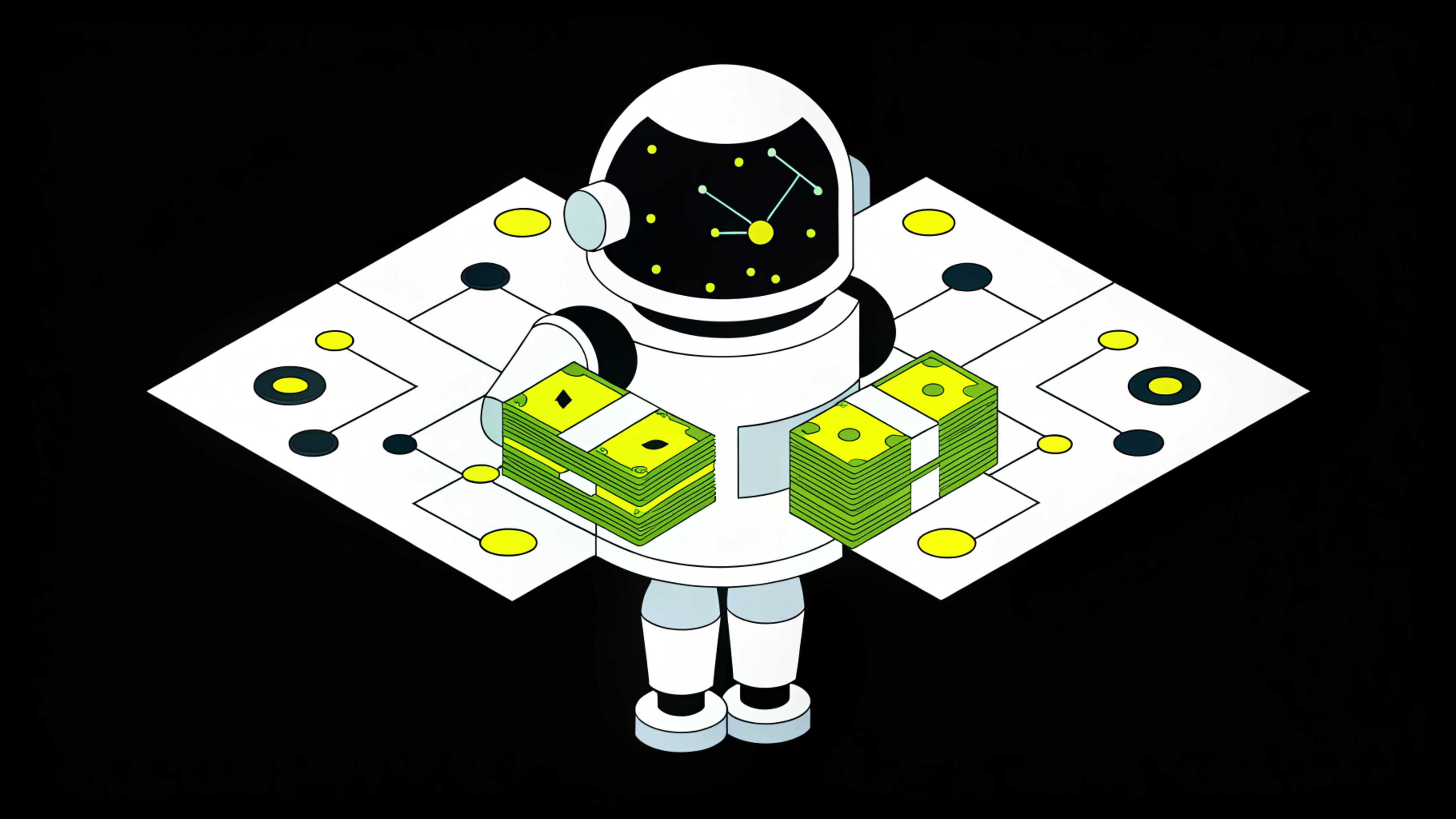 Illustration of a robot holding stacks of cash money